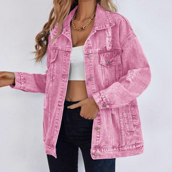 Distressed Button Down Loose Fit Denim Jeans Jackets - Picture 2 of 9